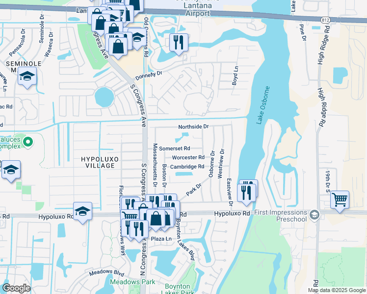 map of restaurants, bars, coffee shops, grocery stores, and more near 2800 Somerset Road in Lake Worth
