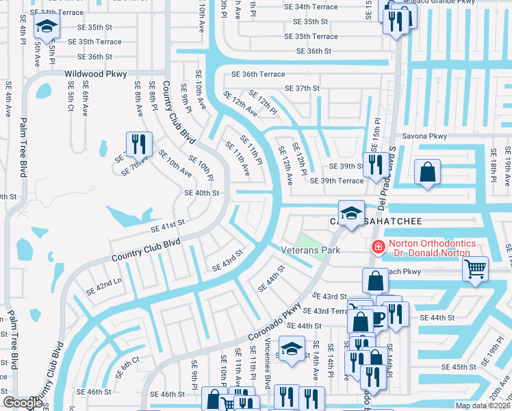 map of restaurants, bars, coffee shops, grocery stores, and more near 4009 Southeast 11th Avenue in Cape Coral