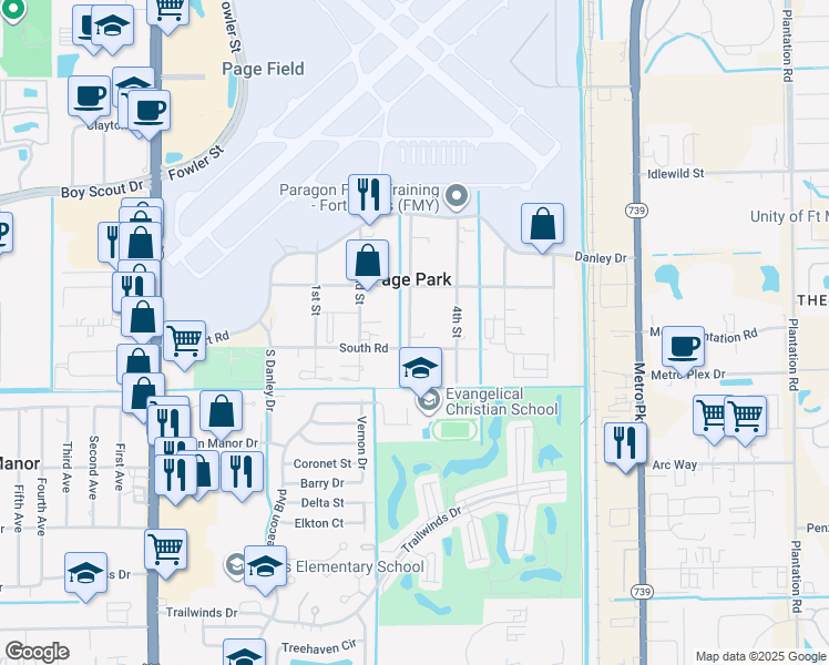 map of restaurants, bars, coffee shops, grocery stores, and more near 309 South Road in Fort Myers