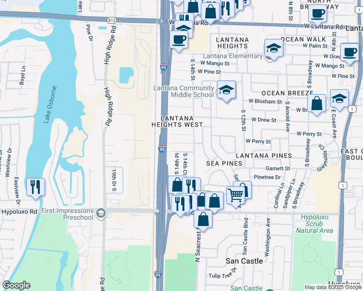 map of restaurants, bars, coffee shops, grocery stores, and more near 1445 West Central Street in Lantana