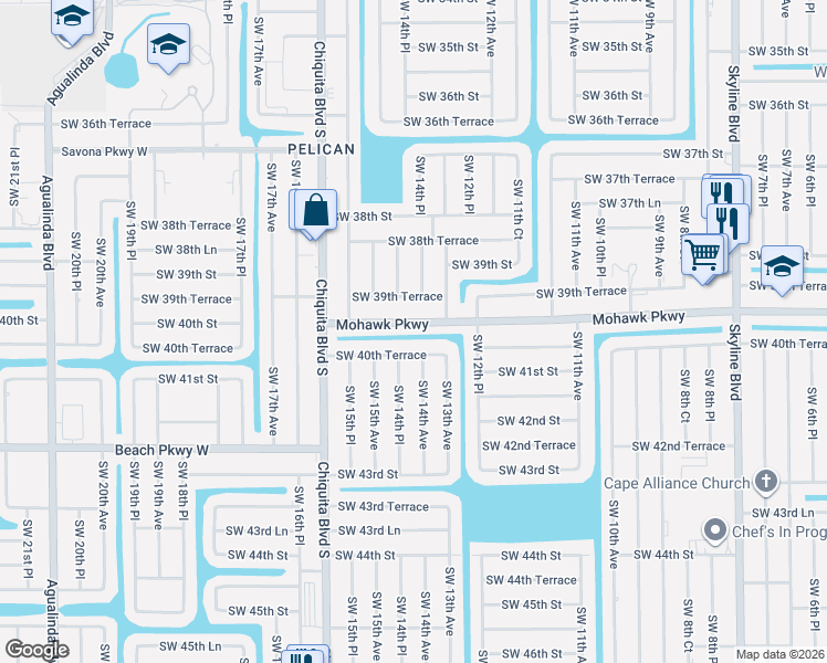 map of restaurants, bars, coffee shops, grocery stores, and more near 1407 Southwest 40th Terrace in Cape Coral