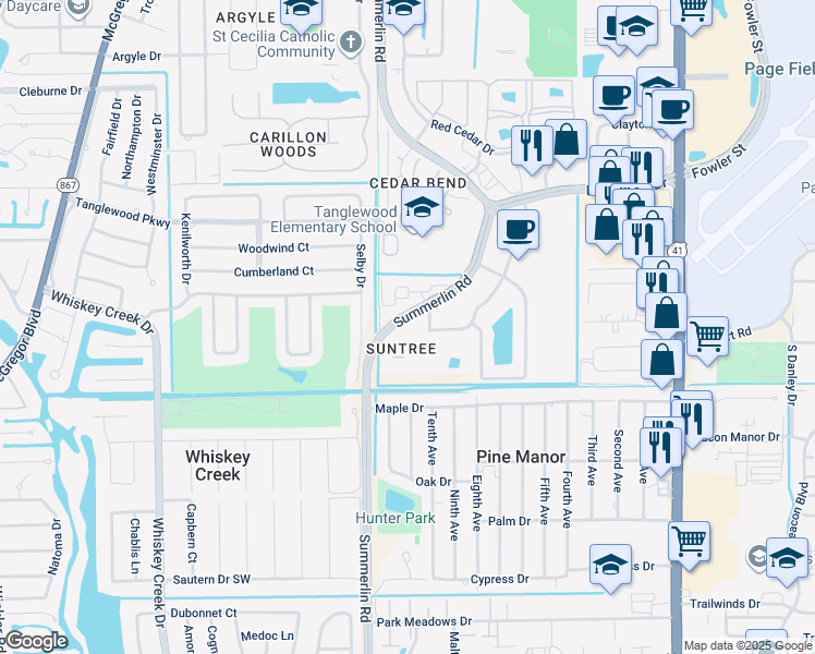 map of restaurants, bars, coffee shops, grocery stores, and more near 5321 Summerlin Road in Fort Myers