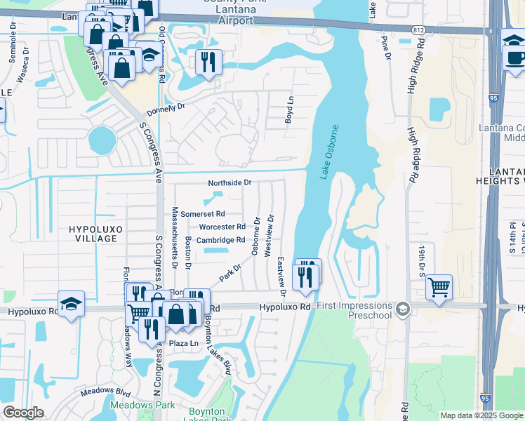 map of restaurants, bars, coffee shops, grocery stores, and more near 6648 Osborne Drive in Lake Worth