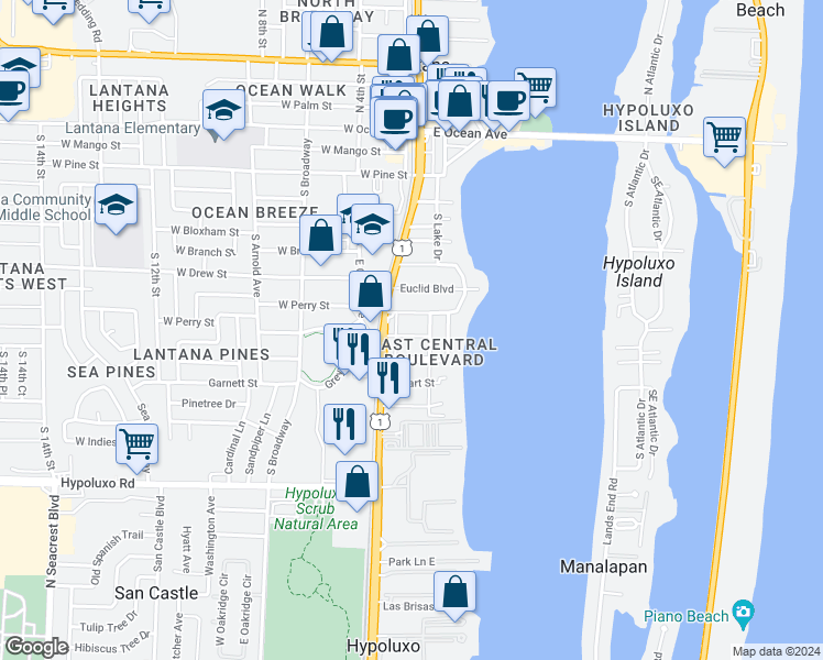 map of restaurants, bars, coffee shops, grocery stores, and more near 121 Milton Street in Lantana
