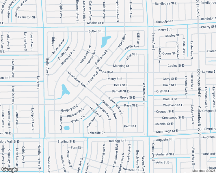 map of restaurants, bars, coffee shops, grocery stores, and more near 1038 Bells Street East in Lehigh Acres