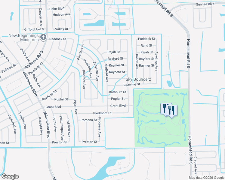 map of restaurants, bars, coffee shops, grocery stores, and more near 438 Rathburn Street in Lehigh Acres