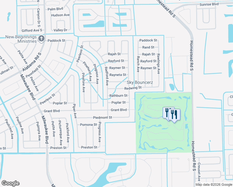 map of restaurants, bars, coffee shops, grocery stores, and more near 438 Rathburn Street in Lehigh Acres