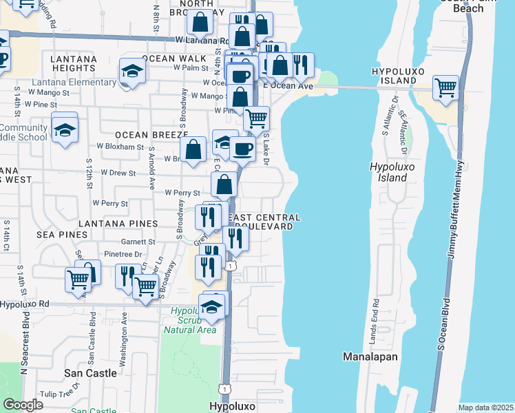 map of restaurants, bars, coffee shops, grocery stores, and more near 130 Milton Street in Lantana