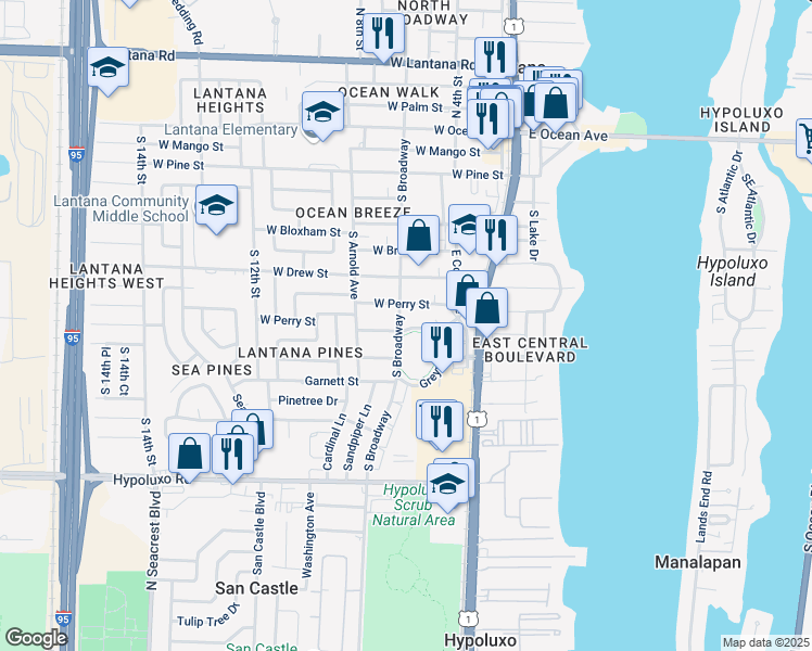 map of restaurants, bars, coffee shops, grocery stores, and more near in Lantana