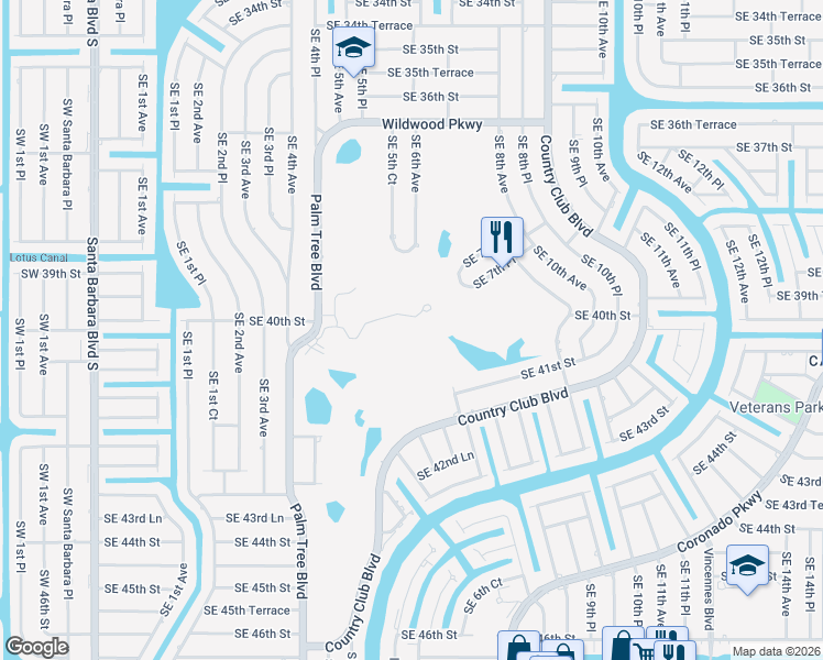 map of restaurants, bars, coffee shops, grocery stores, and more near 4009 Palm Tree Boulevard in Cape Coral
