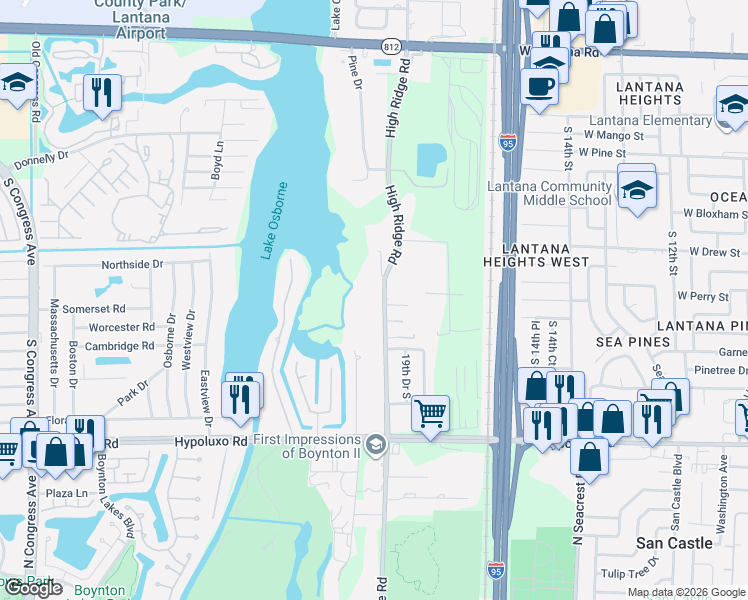 map of restaurants, bars, coffee shops, grocery stores, and more near 6699 High Ridge Road in Lake Worth