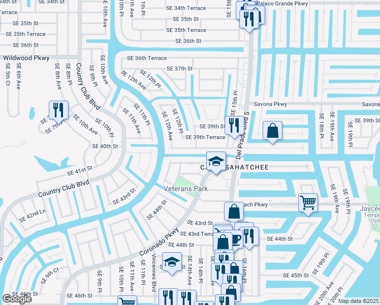 map of restaurants, bars, coffee shops, grocery stores, and more near 107 Southeast 40th Terrace in Cape Coral