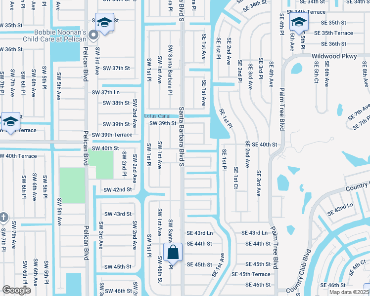 map of restaurants, bars, coffee shops, grocery stores, and more near 105 Southeast 40th Terrace in Cape Coral