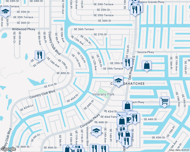 map of restaurants, bars, coffee shops, grocery stores, and more near 4012 Southeast 12th Avenue in Cape Coral