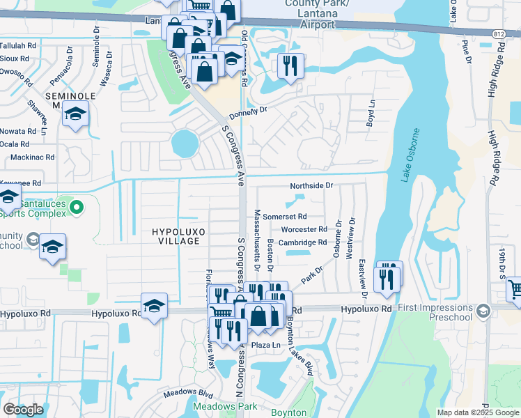 map of restaurants, bars, coffee shops, grocery stores, and more near 6674 Boston Drive in Lake Worth