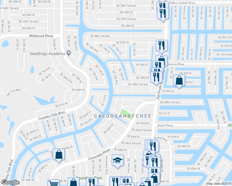 map of restaurants, bars, coffee shops, grocery stores, and more near 4012 Southeast 12th Avenue in Cape Coral
