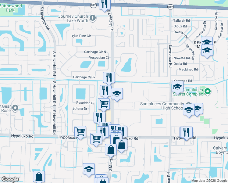 map of restaurants, bars, coffee shops, grocery stores, and more near 6385 South Military Trail in Lake Worth