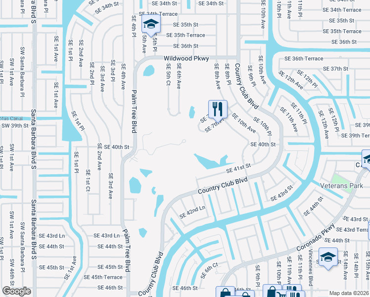 map of restaurants, bars, coffee shops, grocery stores, and more near 4015 Palm Tree Boulevard in Cape Coral
