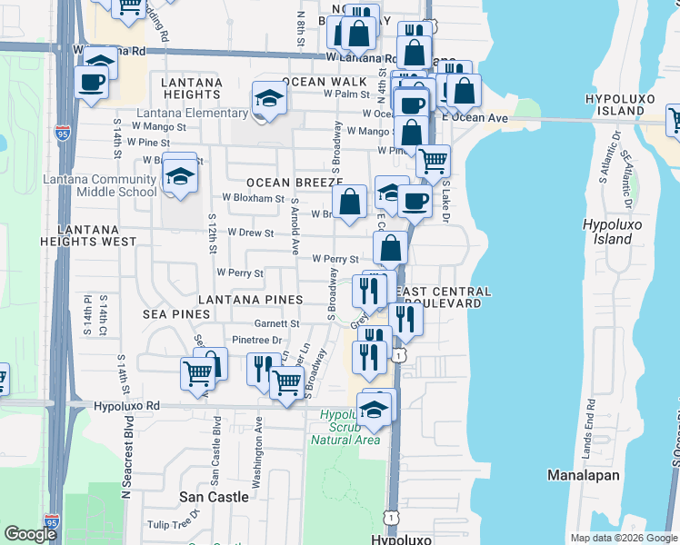 map of restaurants, bars, coffee shops, grocery stores, and more near in Lantana