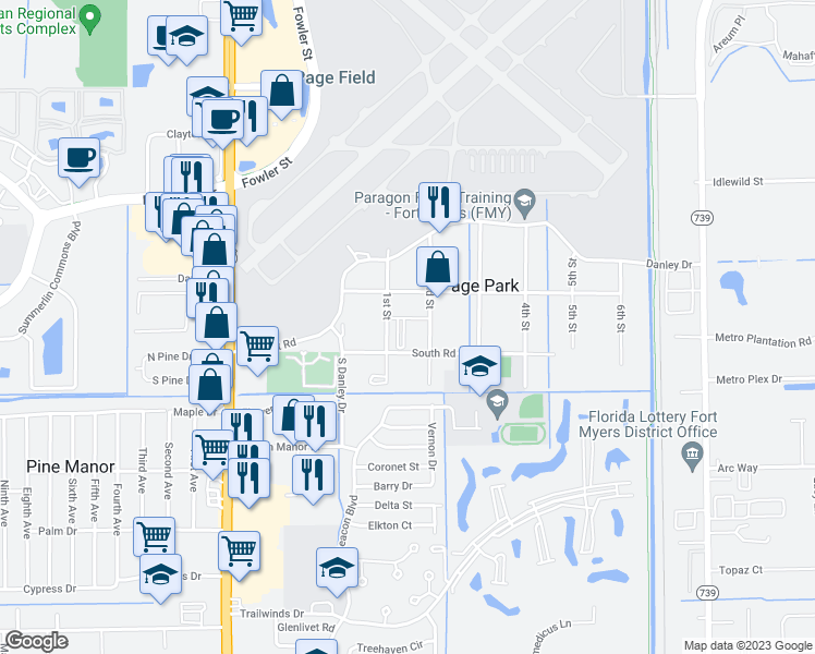 map of restaurants, bars, coffee shops, grocery stores, and more near 200 Center Road in Fort Myers