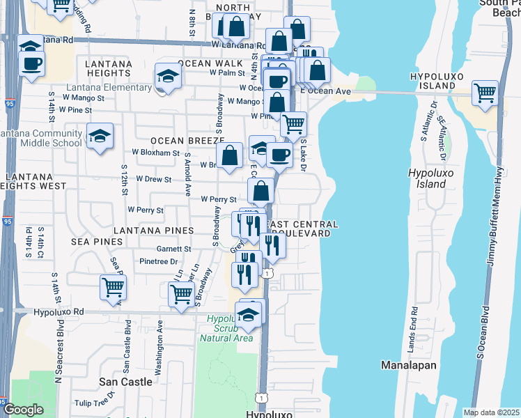 map of restaurants, bars, coffee shops, grocery stores, and more near 751 South Dixie Highway in Lantana