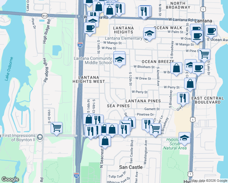 map of restaurants, bars, coffee shops, grocery stores, and more near 851 Wynndale Way in Lantana