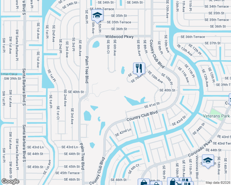 map of restaurants, bars, coffee shops, grocery stores, and more near 4015 Palm Tree Boulevard in Cape Coral