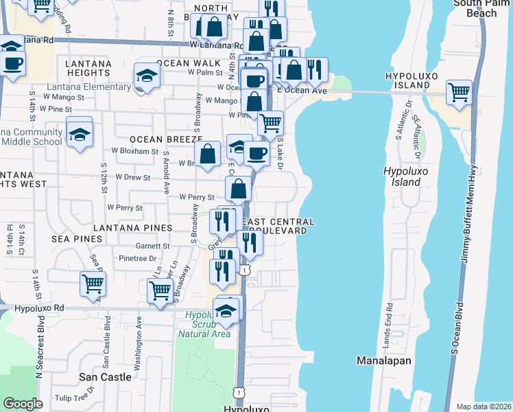 map of restaurants, bars, coffee shops, grocery stores, and more near 129 Prospect Road in Lantana
