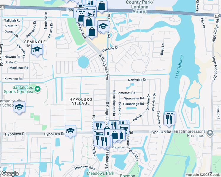 map of restaurants, bars, coffee shops, grocery stores, and more near 6608 South Congress Avenue in Lake Worth