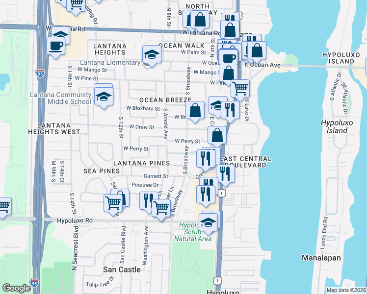 map of restaurants, bars, coffee shops, grocery stores, and more near in Lantana