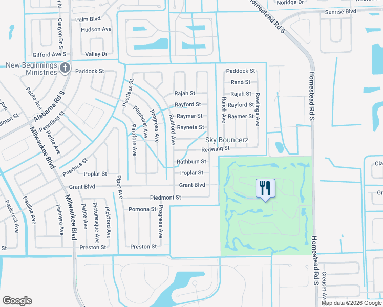 map of restaurants, bars, coffee shops, grocery stores, and more near 439 Redwing Street in Lehigh Acres