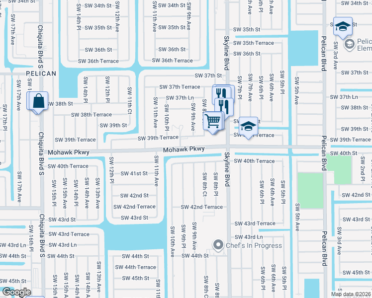 map of restaurants, bars, coffee shops, grocery stores, and more near 912 Southwest 39th Terrace in Cape Coral
