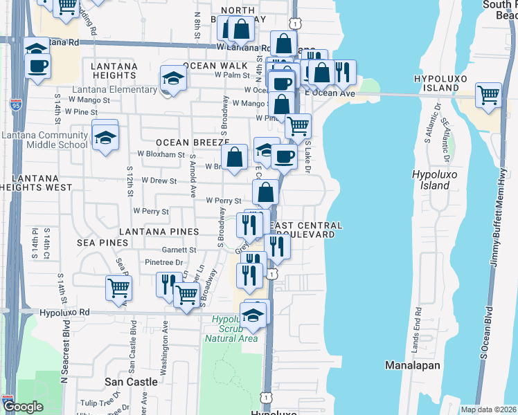 map of restaurants, bars, coffee shops, grocery stores, and more near 888 East Coast Avenue in Lantana