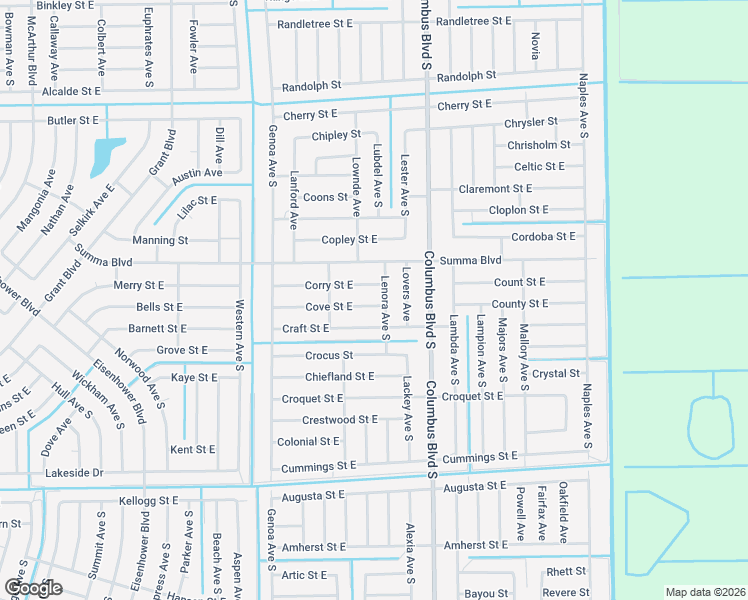 map of restaurants, bars, coffee shops, grocery stores, and more near 1134 Corry Street East in Lehigh Acres