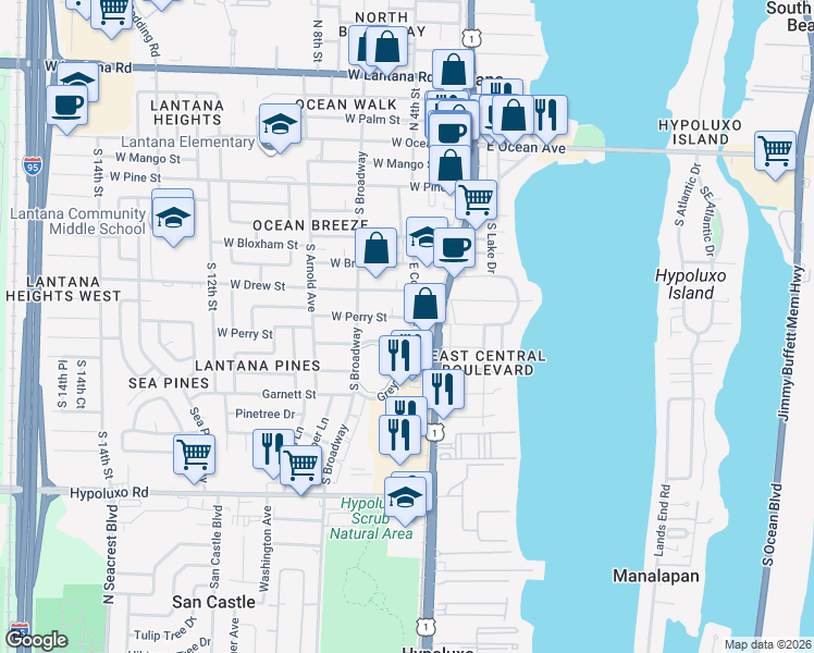 map of restaurants, bars, coffee shops, grocery stores, and more near 505 West Perry Street in Lantana