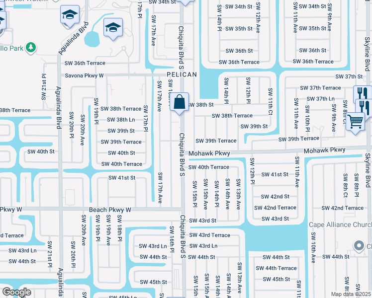 map of restaurants, bars, coffee shops, grocery stores, and more near 3927 Chiquita Boulevard South in Cape Coral