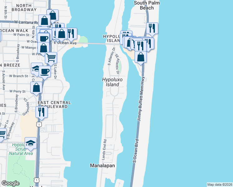 map of restaurants, bars, coffee shops, grocery stores, and more near 713 Southeast Atlantic Drive in Lantana