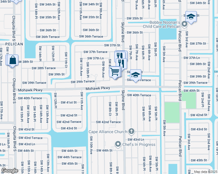 map of restaurants, bars, coffee shops, grocery stores, and more near 841 Mohawk Parkway in Cape Coral