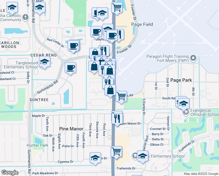map of restaurants, bars, coffee shops, grocery stores, and more near 1976 Custom Drive in Fort Myers