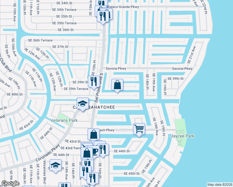 map of restaurants, bars, coffee shops, grocery stores, and more near 1639 Southeast 40th Street in Cape Coral