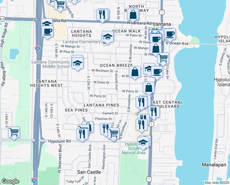 map of restaurants, bars, coffee shops, grocery stores, and more near 627 West Perry Street in Lantana