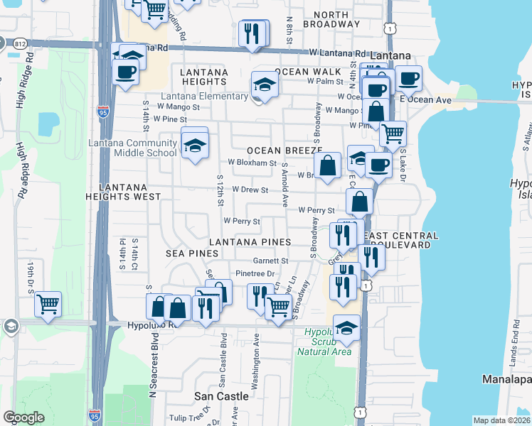 map of restaurants, bars, coffee shops, grocery stores, and more near 911 West Perry Street in Lantana