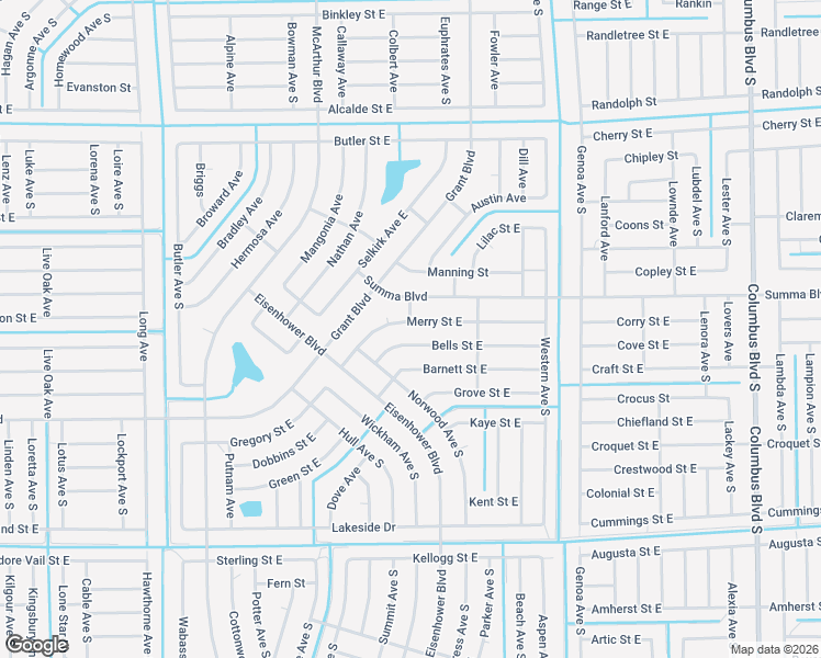 map of restaurants, bars, coffee shops, grocery stores, and more near 1038 Merry Street East in Lehigh Acres