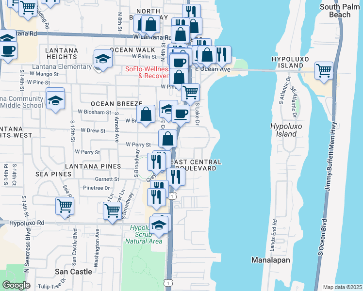 map of restaurants, bars, coffee shops, grocery stores, and more near 111 Prospect Road in Lantana