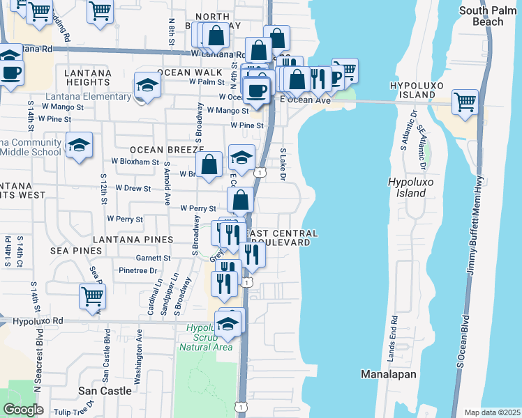 map of restaurants, bars, coffee shops, grocery stores, and more near 129 Prospect Road in Lantana