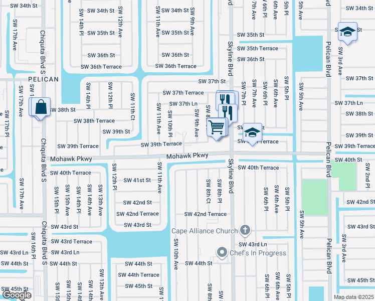 map of restaurants, bars, coffee shops, grocery stores, and more near 912 Southwest 39th Terrace in Cape Coral
