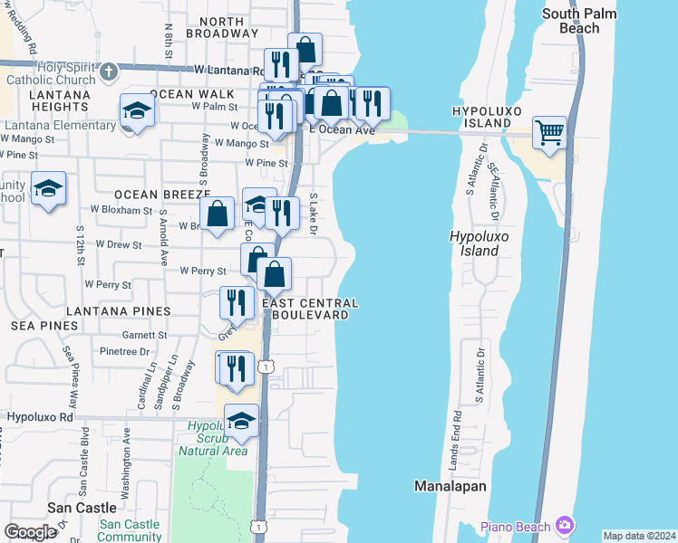 map of restaurants, bars, coffee shops, grocery stores, and more near 703 South Lake Drive in Lantana