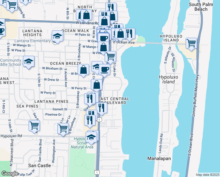 map of restaurants, bars, coffee shops, grocery stores, and more near 129 Prospect Road in Lantana