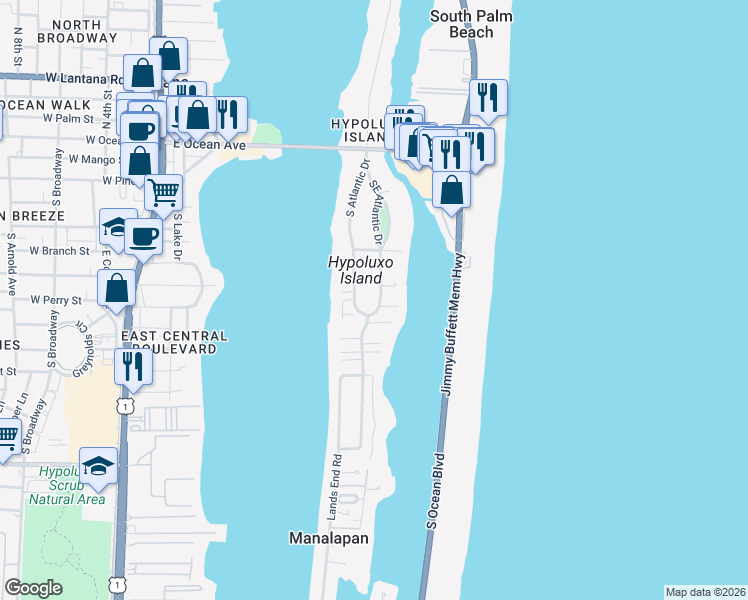 map of restaurants, bars, coffee shops, grocery stores, and more near 713 Southeast Atlantic Drive in Lantana