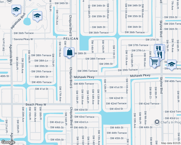 map of restaurants, bars, coffee shops, grocery stores, and more near 1406 Southwest 39th Terrace in Cape Coral